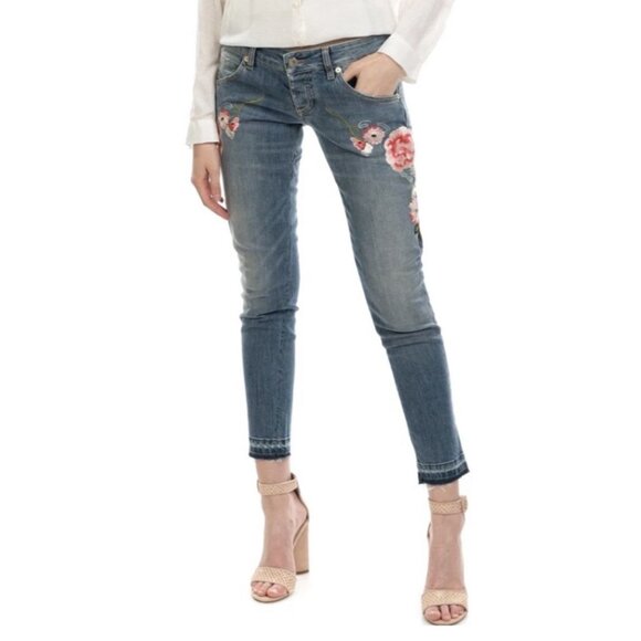 Atos Lombardini sz 26 Jeans Blue skinny floral embroidered Denim Low Rise Y2K - Picture 1 of 7